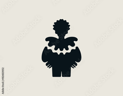 Stylized black vector silhouette of a cheerful cartoon clown or jester character wearing a traditional ruffle collar and oversized shoes, holding a large oval balloon and a hand fan. Circus entertainm