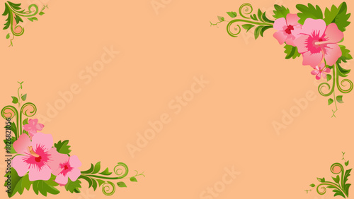 Floral corner decorations with pink hibiscus flowers and green leaves on a peach background