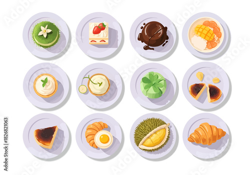 A topdown grid of twelve plates featuring various desserts and pastries