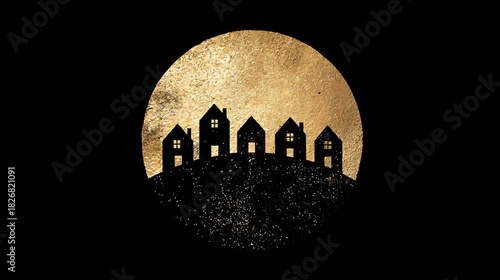Golden moonlit village silhouette on a hill. Minimalist illustration with textured black houses against a shimmering gold circle, night sky concept.