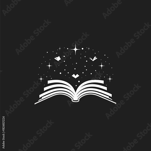 Open book revealing a magical starry night sky with flying books. Symbolizes imagination, knowledge, dreams, and fantasy stories.