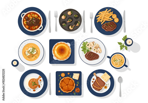 An overhead view of various Frenchstyle dishes and place settings on a white background