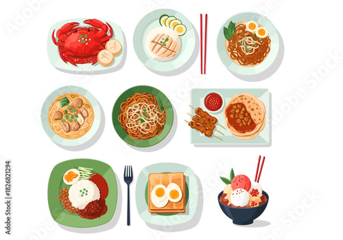 Collection of nine diverse Asian dishes and desserts arranged in three rows