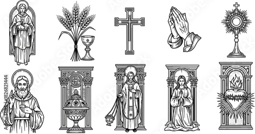 Christian religious icon collection illustration, Catholic worship symbols and saints, sacred devotion elements with ornate framing and detail, flat vector