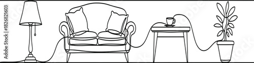 Continuous line drawing of living room with sofa table lamp and houseplant on transparent background