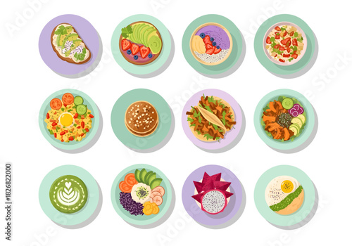 Twelve overhead illustrations of various healthy breakfast and lunch dishes on circular mats