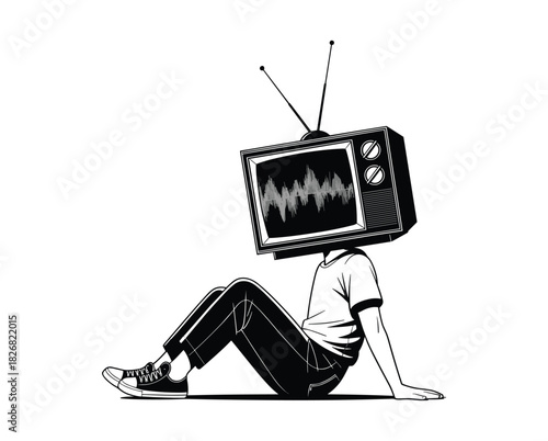 Person with vintage television set for a head sitting down. person, television, TV, head, vintage, retro, sitting.