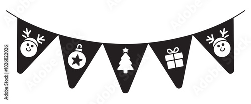 Festive Christmas bunting with reindeer bauble tree and gift icons simple vector design element for holiday decoration and celebration