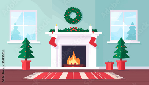 A cozy Christmas living room with a fireplace, stockings, wreath, and decorated trees.