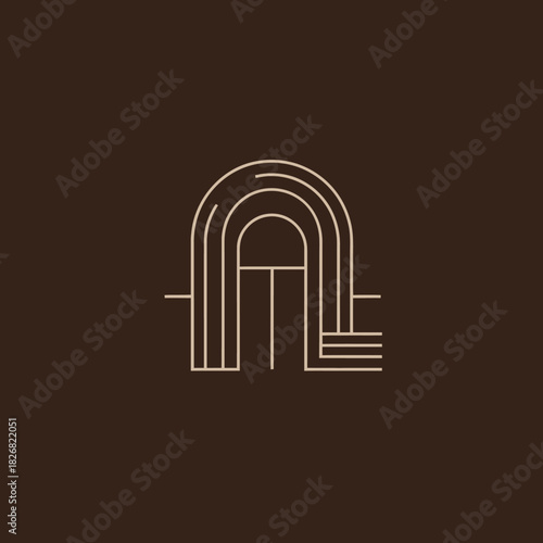 Elegant geometric abstract line art design with stylized archway or initial 'A' on a deep brown background, modern minimalist style.