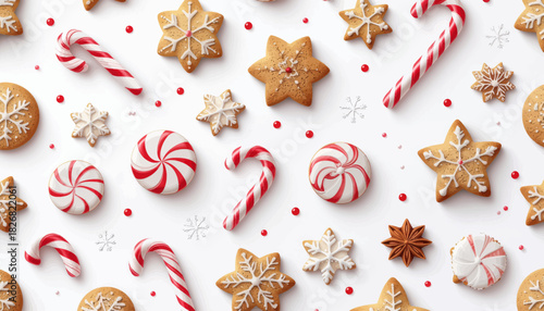 A festive flat lay of various Christmas cookies, candy canes, and peppermint sweets scattered on a clean white background, creating a cheerful holiday pattern.