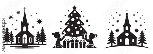 Silhouette illustrations of churches and a Christmas tree featuring children with gifts vector design for holiday themes and religious events