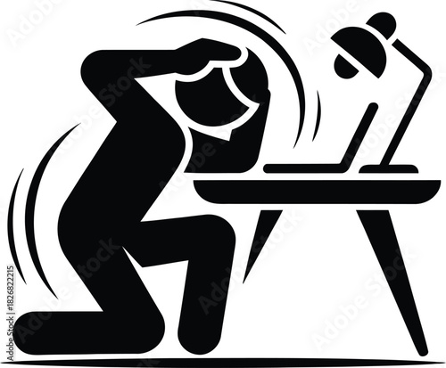 Earthquake overwhelmed worker at computer desk isolated on vector icon.