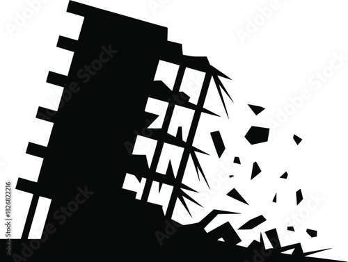 Earthquake building collapsing in silhouette icon.