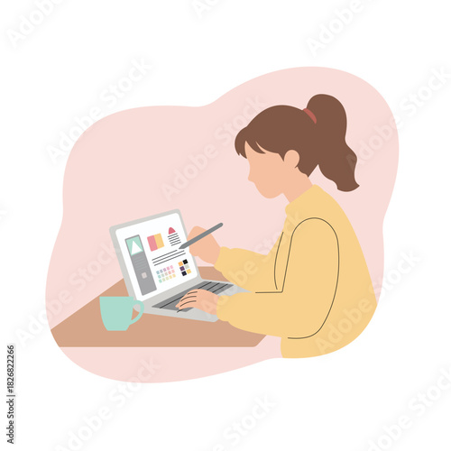 Woman Graphic Designer Working on Laptop with Stylus Pen