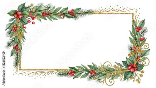 Watercolor Christmas Rectangle Frame with Holly Leaves, Red Berries, Pine Branches and Gold Glitter Accents