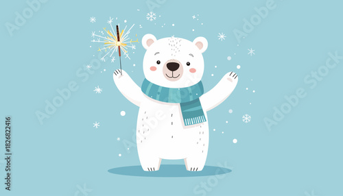 A cute cartoon polar bear wearing a blue scarf, holding a sparkling sparkler, with snowflakes falling on a light blue background.