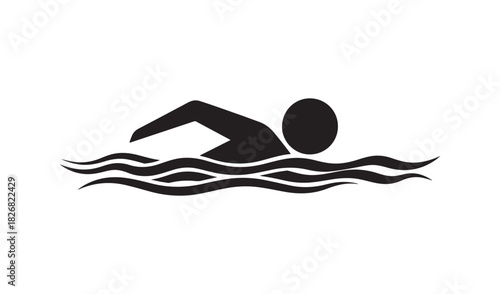 Simple black silhouette of a person swimming in wavy water