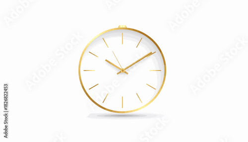 A minimalist round wall clock with a golden frame and hands on a white background, showing the passage of time.