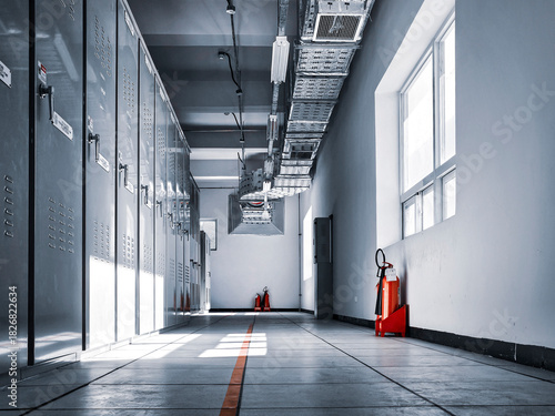 A large empty room with a red fire extinguisher on the floor. There are no people in the room