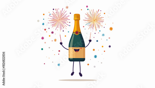 A cheerful cartoon champagne bottle holding sparklers with colorful confetti and fireworks in the background, celebrating a festive occasion.