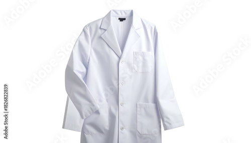 Plain white lab coat with button closures, front pockets, and long sleeves against a black background