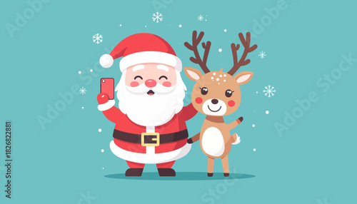 A cute cartoon Santa Claus and a reindeer taking a selfie together with snowflakes falling.