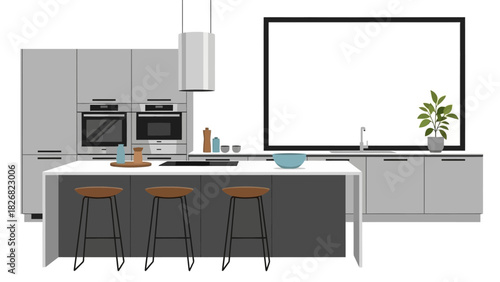 Modern Kitchen Interior with Island and Bar Stools.