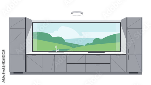 Modern Kitchen Interior with Panoramic Window and Gray Cabinets.