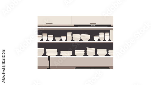 Modern Kitchen Shelves with White Dishes and Glassware.