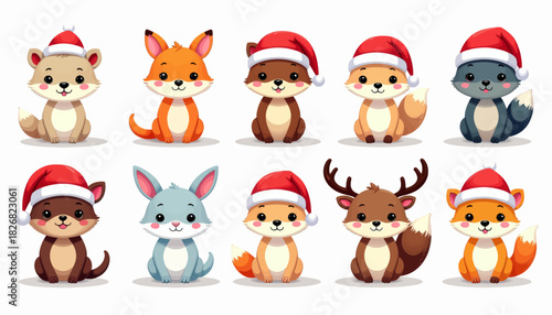 A collection of ten adorable cartoon baby animals, including foxes, rabbits, and deer, all wearing festive red Santa hats, depicted in a cute, whimsical style.