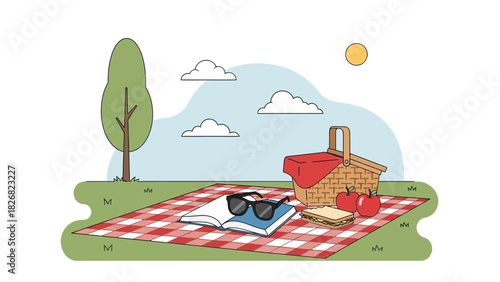 Picnic scene with a basket, blanket, book, and sunglasses on a sunny day.