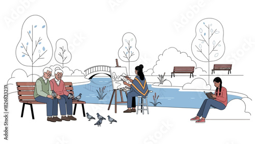 People enjoying a park scene with artist and elderly couple.