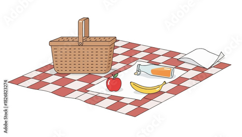Picnic scene with basket blanket and food items ready for enjoyment.