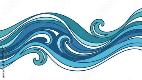 Stylized artistic illustration of flowing blue ocean waves.