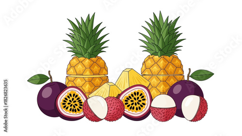Tropical fruit arrangement featuring pineapples passion fruit and lychees.