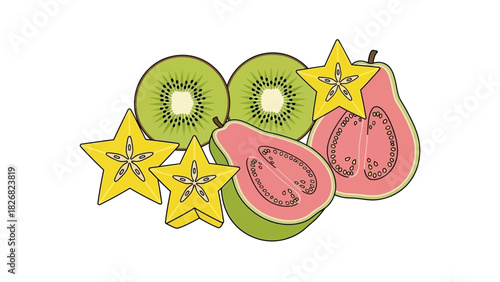 Vibrant illustration of sliced kiwi, guava, and star fruit.