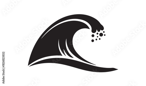 Stylized black silhouette of a crashing ocean wave with spray