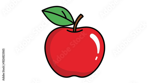 Vibrant Red Apple with Green Leaf and Stem Illustration.