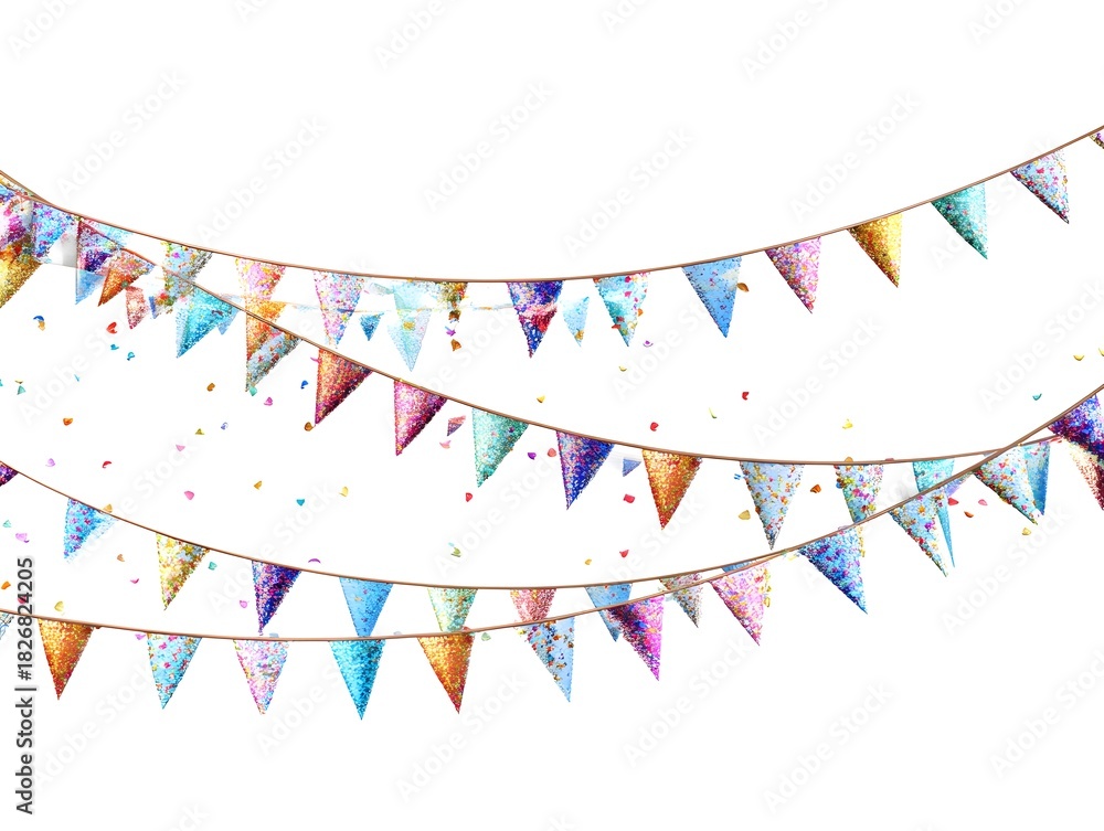 Obraz premium Colorful Party Pennant Flags with Confetti on White Background