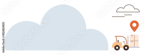 Large cloud shape with a forklift moving boxes near a geolocation marker, representing cloud storage, logistics, warehouse management, delivery tracking, supply chain, digital solutions, simple flat