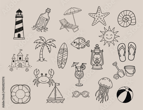 Summer beach doodle icon set. Vector hand-drawn pictograms of vacation, ocean, beach elements, sea life, travel, relaxation and summer holiday illustration.