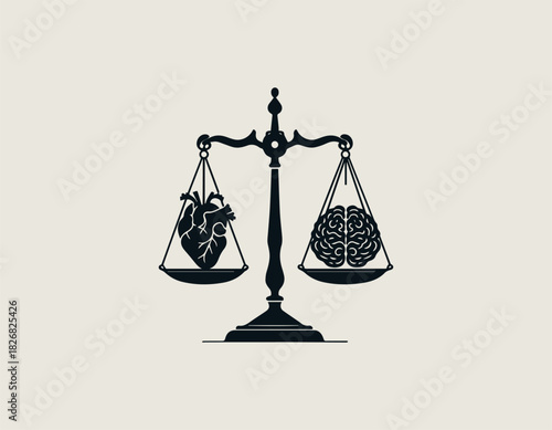 Symbolic black vector illustration of a traditional balance scale weighing a detailed anatomical human heart against a human brain, representing the balance of emotion and logic. Duality concept