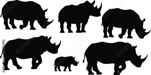 African Rhinoceros (Rhino) and Baby Silhouette Vector Collection Set, in Walking and Standing Poses, Ideal for Safari and Conservation Designs