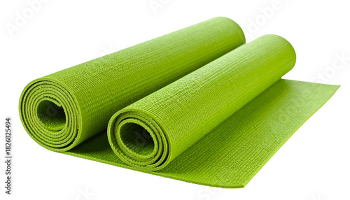 Two rolled-up and unrolled vibrant green exercise mats, isolated on a black background