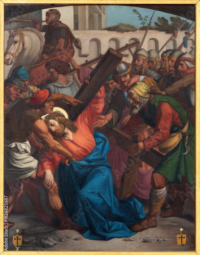 Canvastavla Luzern - The painting Simon of Cyrene helps Jesus carry the cross as part of Cross way stations in the church Franziskanerkirche from 19