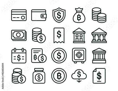 Clean flat finance and banking icon set featuring credit cards, wallet, shield, money bags, stacked coins, banknotes, receipts, financial documents, safe box, banks, cloud download, and savings jars. 