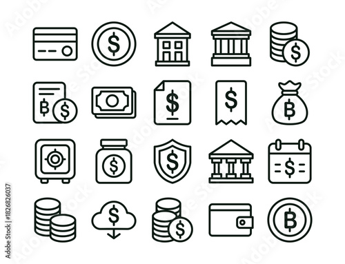 Clean flat finance and banking icon set featuring credit cards, wallet, shield, money bags, stacked coins, banknotes, receipts, financial documents, safe box, banks, cloud download, and savings jars. 