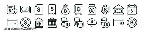 Clean flat finance and banking icon set featuring credit cards, wallet, shield, money bags, stacked coins, banknotes, receipts, financial documents, safe box, banks, cloud download, and savings jars. 