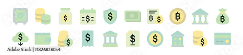 Clean flat finance and banking icon set featuring credit cards, wallet, shield, money bags, stacked coins, banknotes, receipts, financial documents, safe box, banks, cloud download, and savings jars. 
